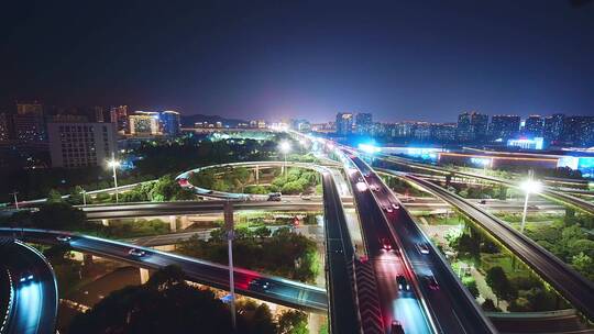 鸟瞰夜晚杭州滨江时代大道高架中兴立交夜景