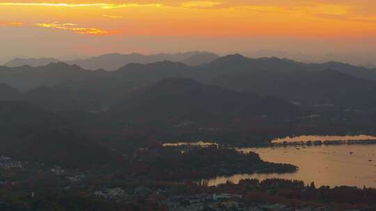 杭州风光西湖夕阳全景秋色航拍