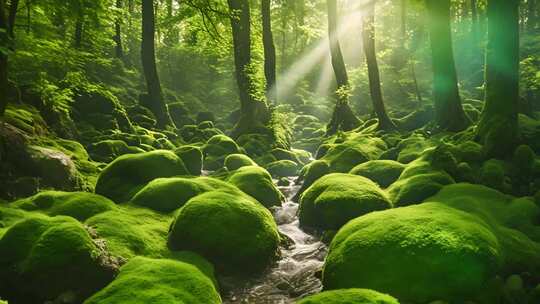 阳光照耀的森林溪流景象