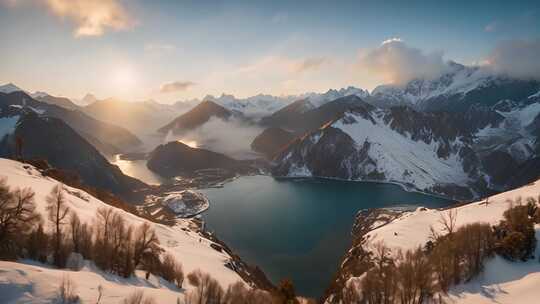 雪山湖泊日出全景