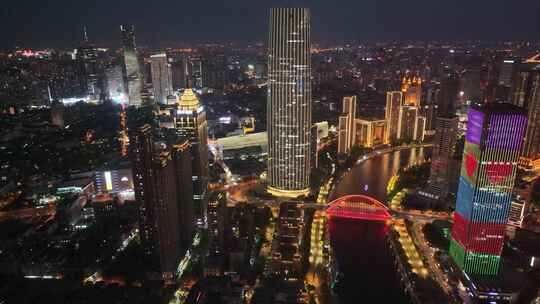 天津市海河津湾广场夜景航拍解放桥世纪钟海