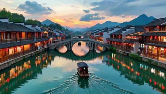 江南水乡河道船只黄昏景象