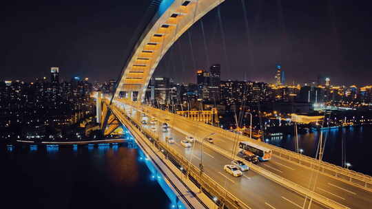 上海卢浦大桥夜景航拍