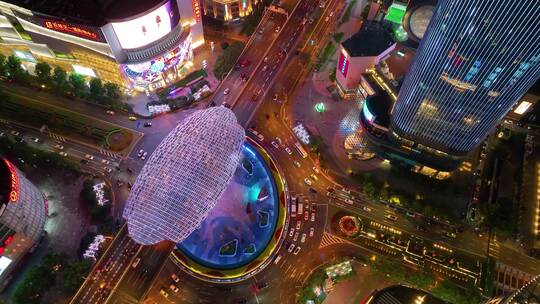 上海市杨浦区商圈五角场广场夜晚夜景城市车视频素材模板下载