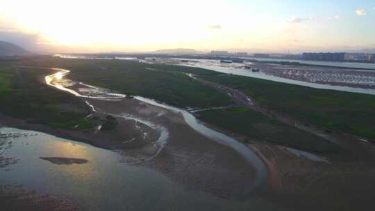 航拍闽江小岛果园茉莉花田沙洲湿地河汊白鹭