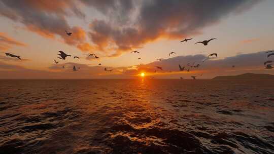 航拍夕阳下的海鸥群
