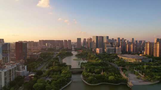 大湾区佛山南海千灯湖全景日落航拍