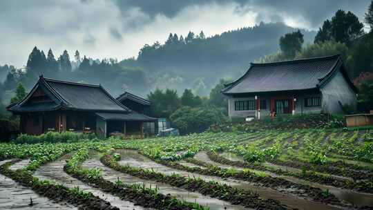 云雾缭绕中的特色古建筑及农田景观