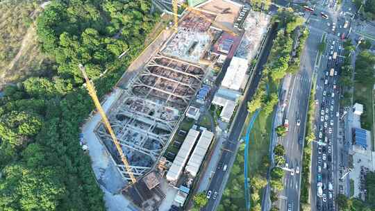 建筑工地航拍城市建设萝岗地铁站建设