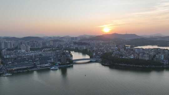 惠州合江楼航拍夕阳下的东江古城区旅游景点