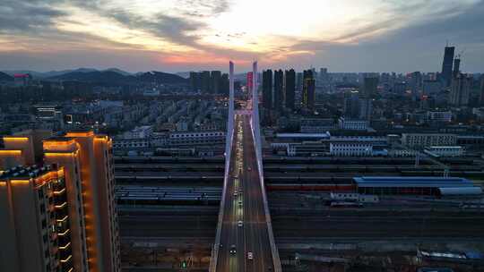 徐州市和平大桥铁路车辆段傍晚夕阳航拍