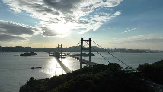 东莞虎门大桥日落夕阳航拍珠江黄昏河流风景