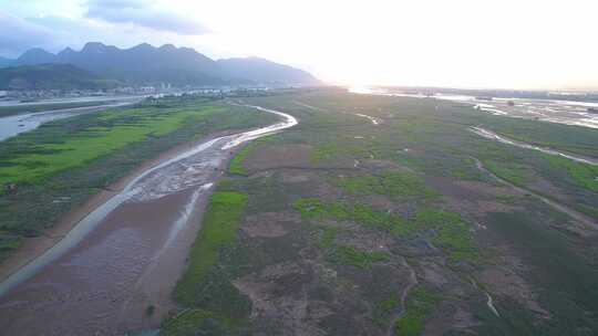 航拍闽江小岛果园茉莉花田沙洲湿地河汊白鹭