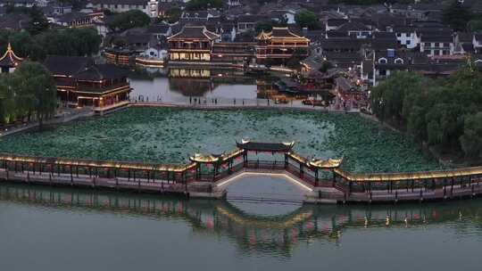 江南水乡古镇锦溪夜景（航拍素材）