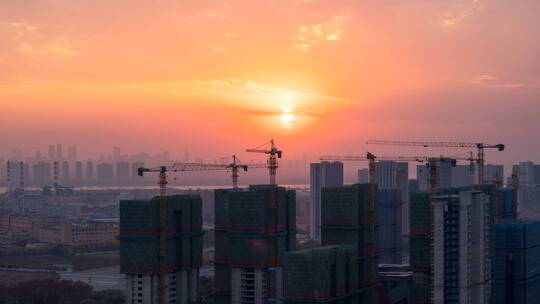 杭州钱塘区冬日城市建筑夕阳落下晚霞延时