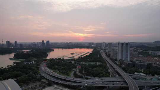 江苏南京夕阳晚霞夜幕降临夜景灯光航拍