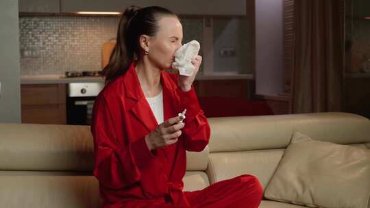 白天穿着红色睡衣的女人在家沙发上使用鼻喷视频素材模板下载