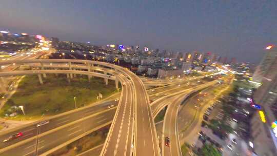 穿越机航拍扬州西区五层高架桥车流夜景夕阳视频素材模板下载