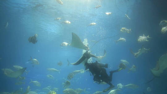 潜水员海洋饲养员表演喂鱼