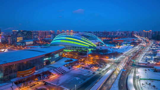 沈阳奥体中心夜景车水马龙航拍延时