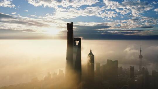 上海陆家嘴日出平流雾航拍