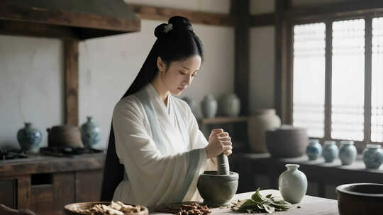 古装女子室内研磨中药材素材