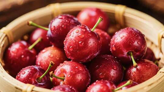 带水珠樱桃微距特写素材