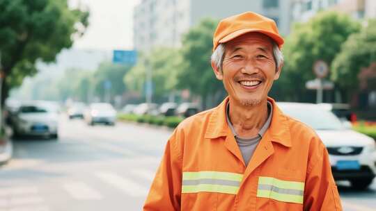 街道上微笑的环卫工人