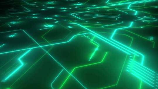 抽象数字电路板，在黑暗背景上有发光的绿线