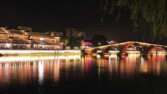 杭州塘西古镇京杭运河夜景塘西古镇夜景视频素材模板下载