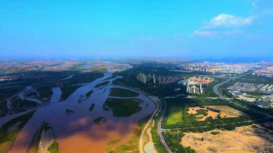 黄河平原航拍-生态建设河流湿地城市