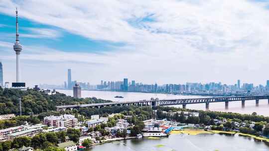 中国湖北武汉龟山电视塔和长江大桥延时摄影