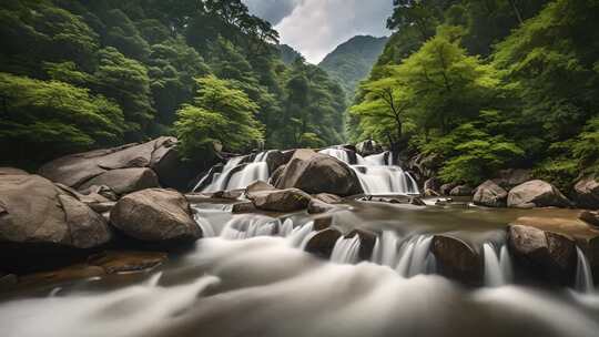 山林间溪流瀑布自然风光