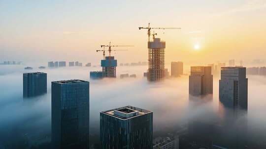 城市高楼云海中日出景象