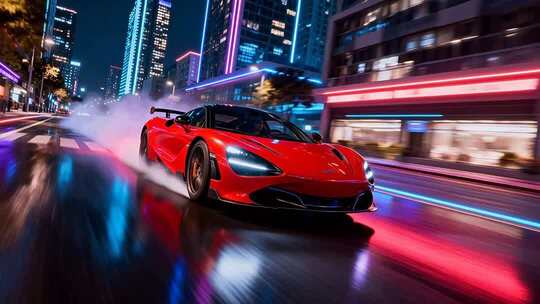 城市夜景中红色跑车行驶画面