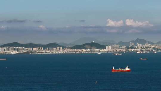 5k航拍深圳机场飞机起降落海上公路轮船出海