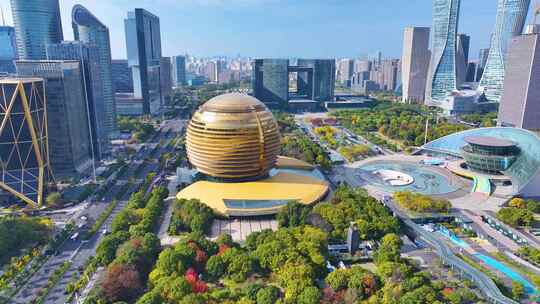 浙江杭州钱江新城市民中心航拍城市地标风景