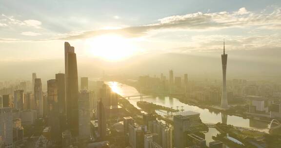 晨光下的珠江广州塔和东西塔