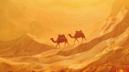 一带一路骆驼商队行走在沙漠状的丝绸布上