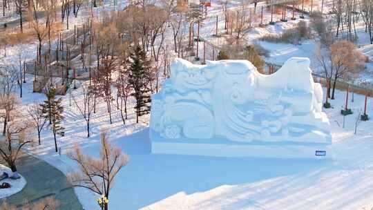 中国黑龙江哈尔滨太阳岛雪博会雪雕航拍