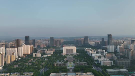 城市航拍洛阳城市地标落日交通经济发展航拍