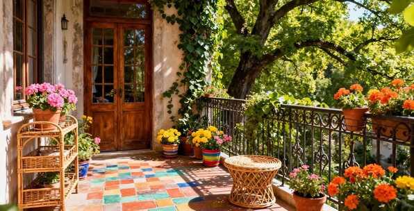 带花卉装饰的庭院露台场景