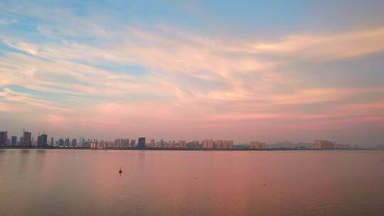 杭州钱塘江日落晚霞天空风景航拍