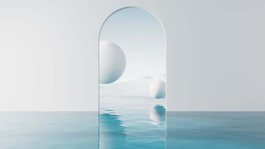 水面与球体超现实背景3D渲染视频素材模板下载