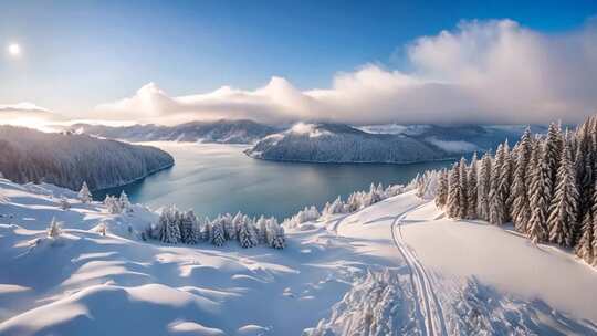 冬季雪山湖泊全景