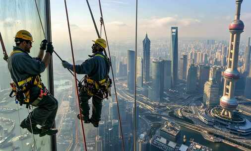 上海高空擦窗工人作业俯瞰城市全景