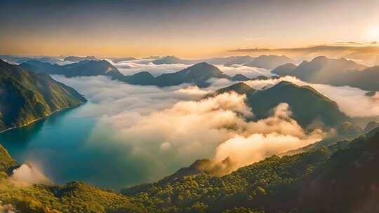 山峦云海湖泊全景