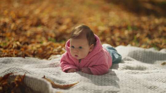 穿着粉色连帽衫的好奇婴儿躺在舒适的毯子上