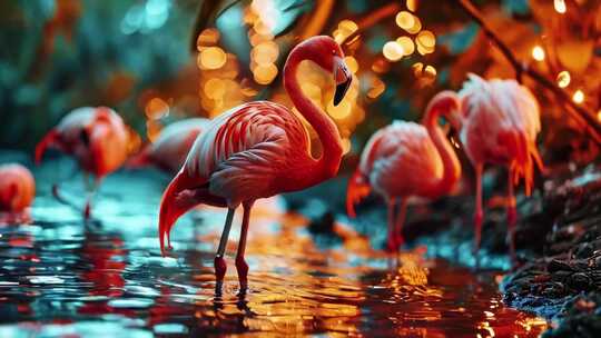 火烈鸟类在湖水里面粉色奇幻热带河流动物