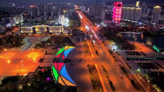 航拍枣庄醉美新城夜景璀璨视频素材模板下载